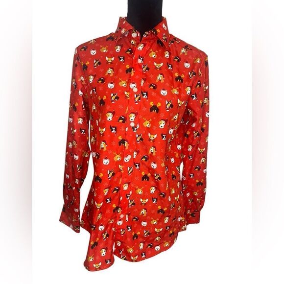 SIMON BANKS CHRISTMAS FESTIVE HOLIDAY PARTY SANTA CLAUS DOG BUTTON UP MENS SMALL - Picture 5 of 9